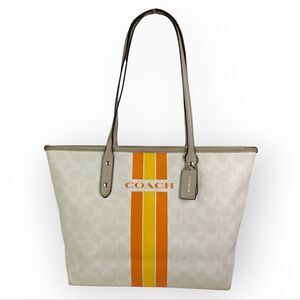 Coach Varsity Stripe City Zip Tote in Signature 38405 Silver/Chalk Orange Bag